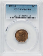 1921-S 1C RB Lincoln Cent PCGS MS64