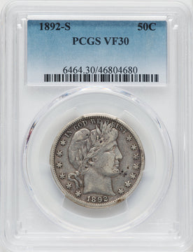 1892-S 50C Barber Half Dollar PCGS VF30