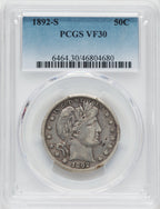 1892-S 50C Barber Half Dollar PCGS VF30