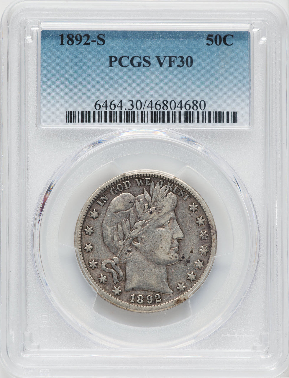 1892-S 50C Barber Half Dollar PCGS VF30