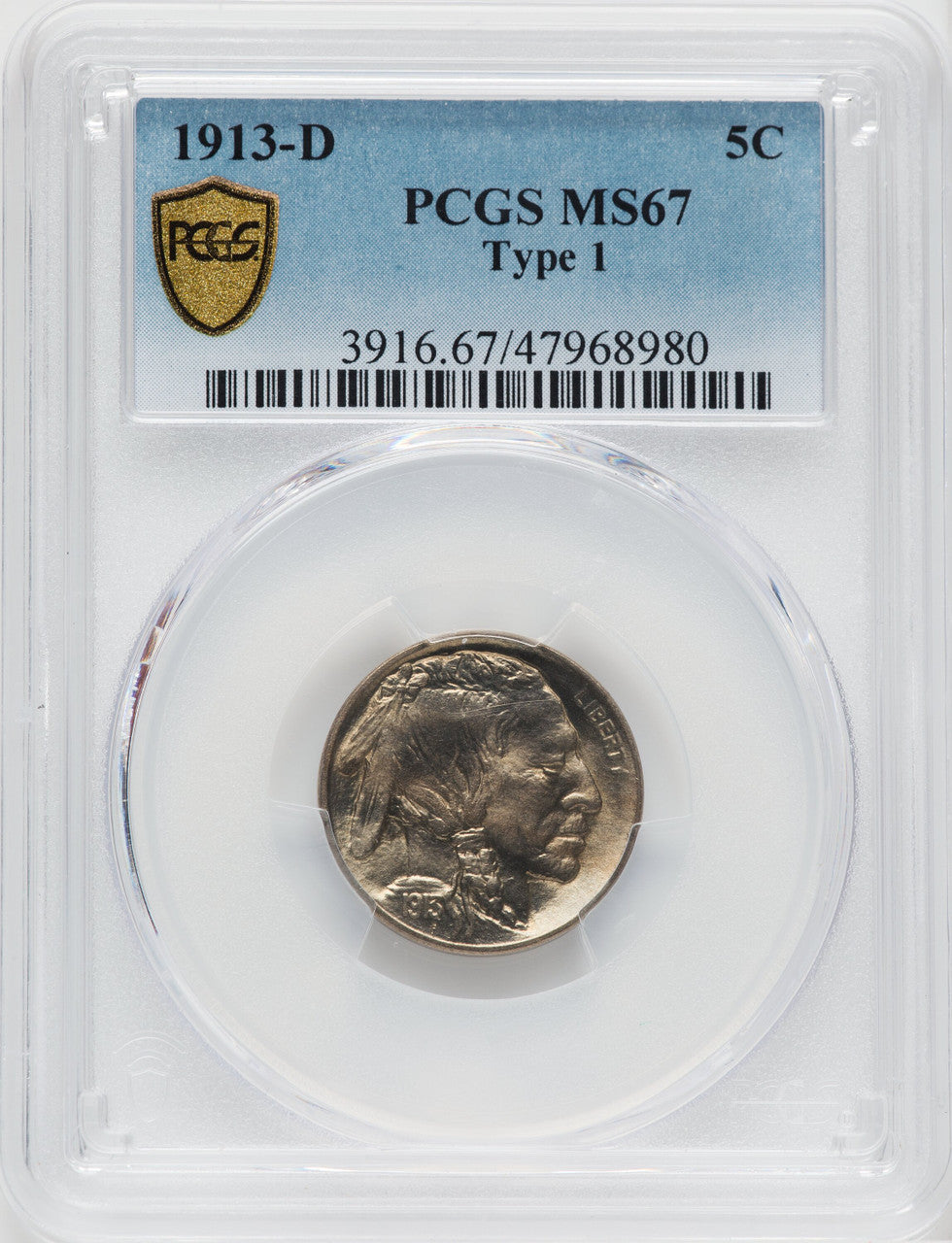 1913-D Type One 5C Buffalo Nickel PCGS MS67