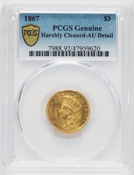 1867 $3 Genuine Three Dollar Gold Pieces Genuine PCGS AU50