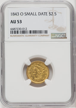 1843-O $2.50 Small Date Crosslet 4 Liberty Quarter Eagle NGC AU53
