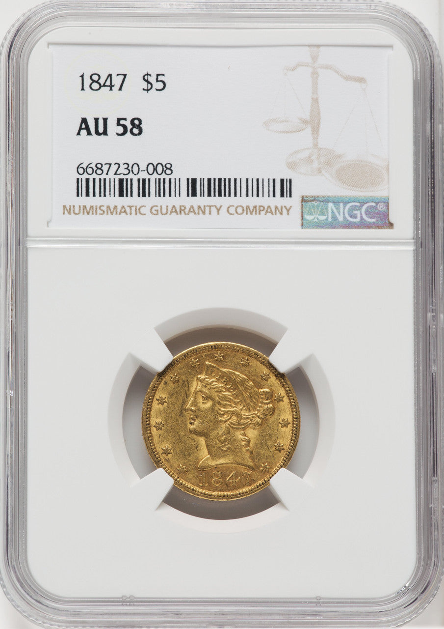 1847 $5 Liberty Half Eagle NGC AU58