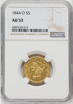 1844-O $5 Liberty Half Eagle NGC AU53