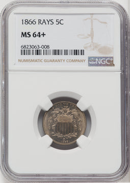 1866 5C RAYS Shield Nickel NGC MS64+