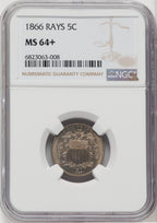 1866 5C RAYS Shield Nickel NGC MS64+