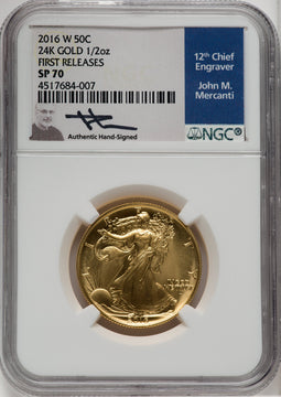 2016-W 50C 24K Gold Half-Ounce 100th Anniversary First Strike Mecanti Signature NGC MS70