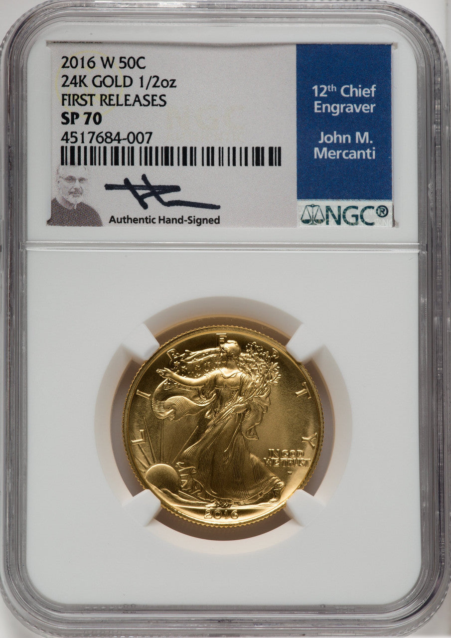 2016-W 50C 24K Gold Half-Ounce 100th Anniversary First Strike Mecanti Signature NGC MS70