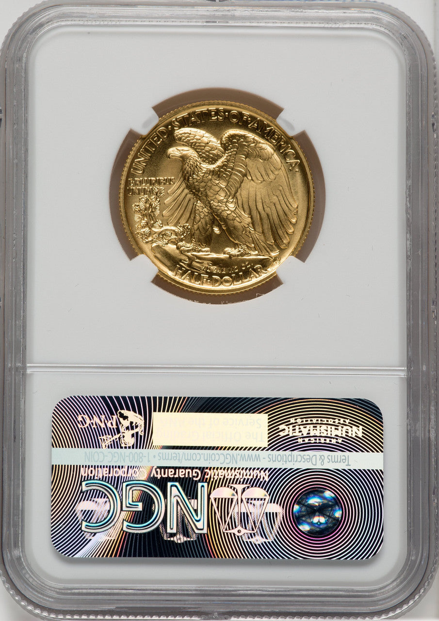 2016-W 50C 24K Gold Half-Ounce 100th Anniversary First Strike Mecanti Signature NGC MS70