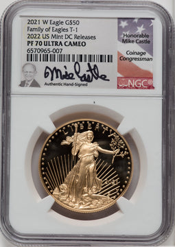 2021-W $50 One Ounce Gold Eagle Type One First Strike Mike Castle Signature NGC PF70