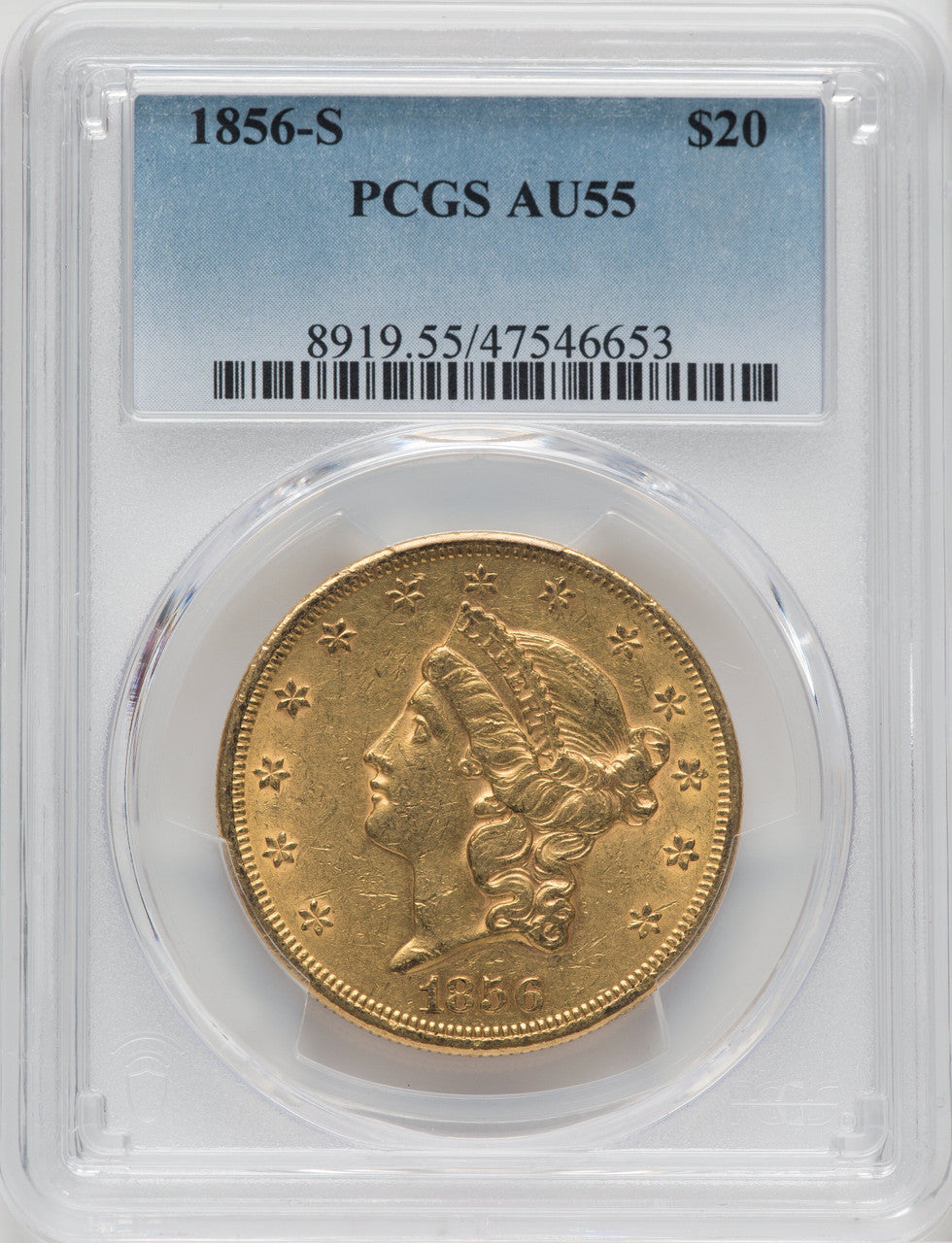 1856-S $20 Liberty Double Eagle PCGS AU55