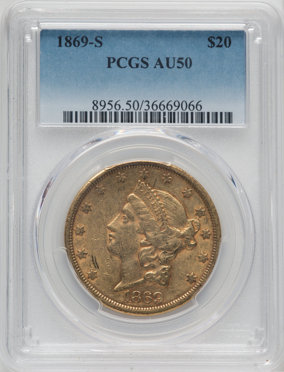 1869-S $20 Liberty Double Eagle PCGS AU50