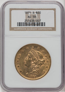 1871-S $20 Liberty Double Eagle NGC AU58