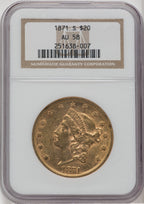 1871-S $20 Liberty Double Eagle NGC AU58