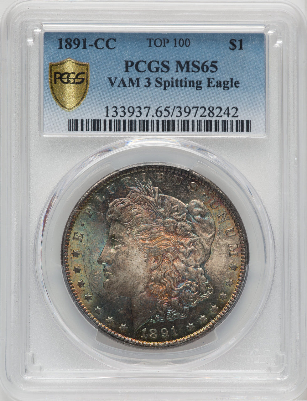 1891-CC $1 VAM-3 Spitting Eagle Morgan Dollar PCGS MS65