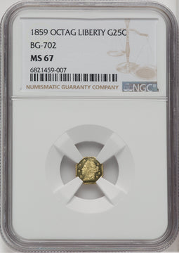 1859 Liberty Octagonal 25 Cents BG-702 R.3 California Fractional Gold NGC MS67
