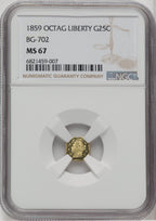 1859 Liberty Octagonal 25 Cents BG-702 R.3 California Fractional Gold NGC MS67
