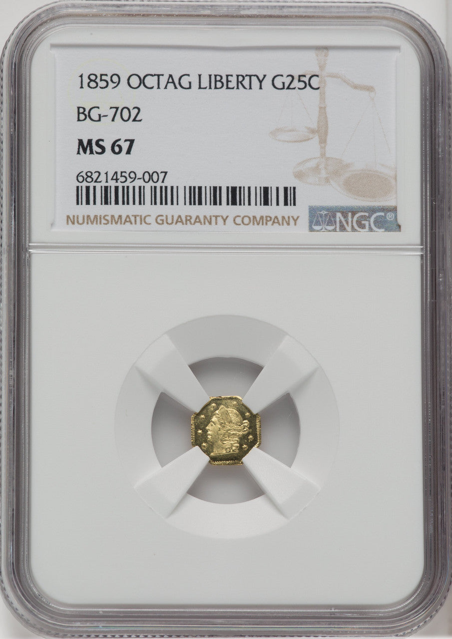 1859 Liberty Octagonal 25 Cents BG-702 R.3 California Fractional Gold NGC MS67