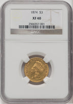 1874 $3 Three Dollar Gold Pieces NGC XF40