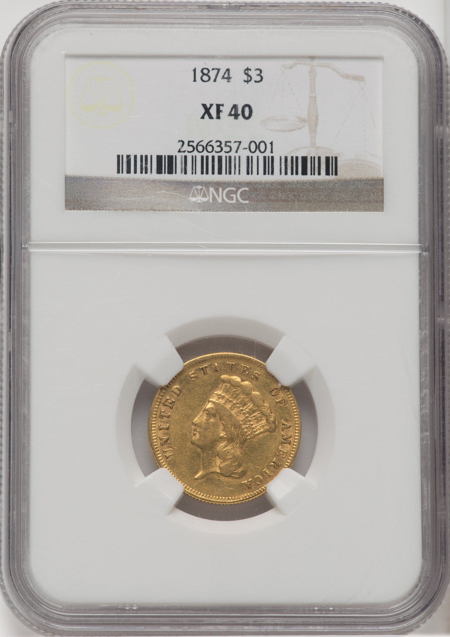 1874 $3 Three Dollar Gold Pieces NGC XF40