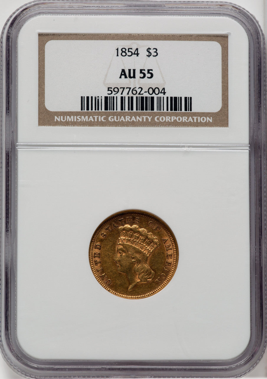 1854 $3 Three Dollar Gold Pieces NGC AU55