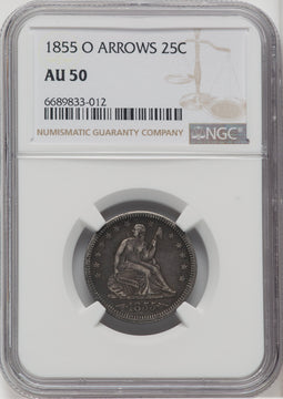 1855-O 25C ARROWS Seated Quarter NGC AU50