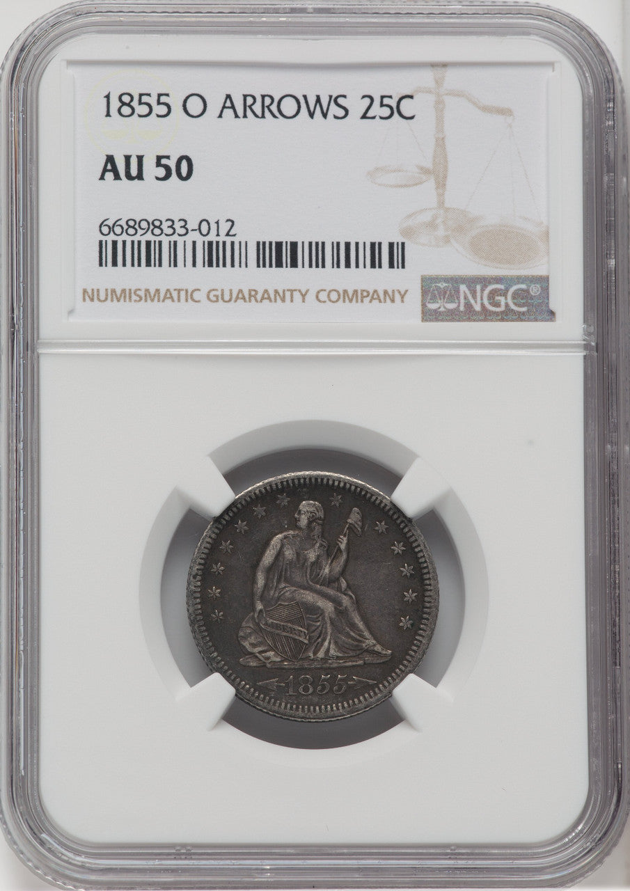 1855-O 25C ARROWS Seated Quarter NGC AU50