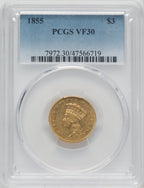 1855 $3 Three Dollar Gold Pieces PCGS VF30