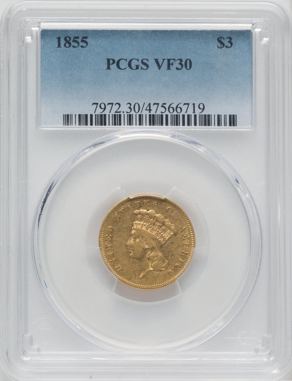 1855 $3 Three Dollar Gold Pieces PCGS VF30
