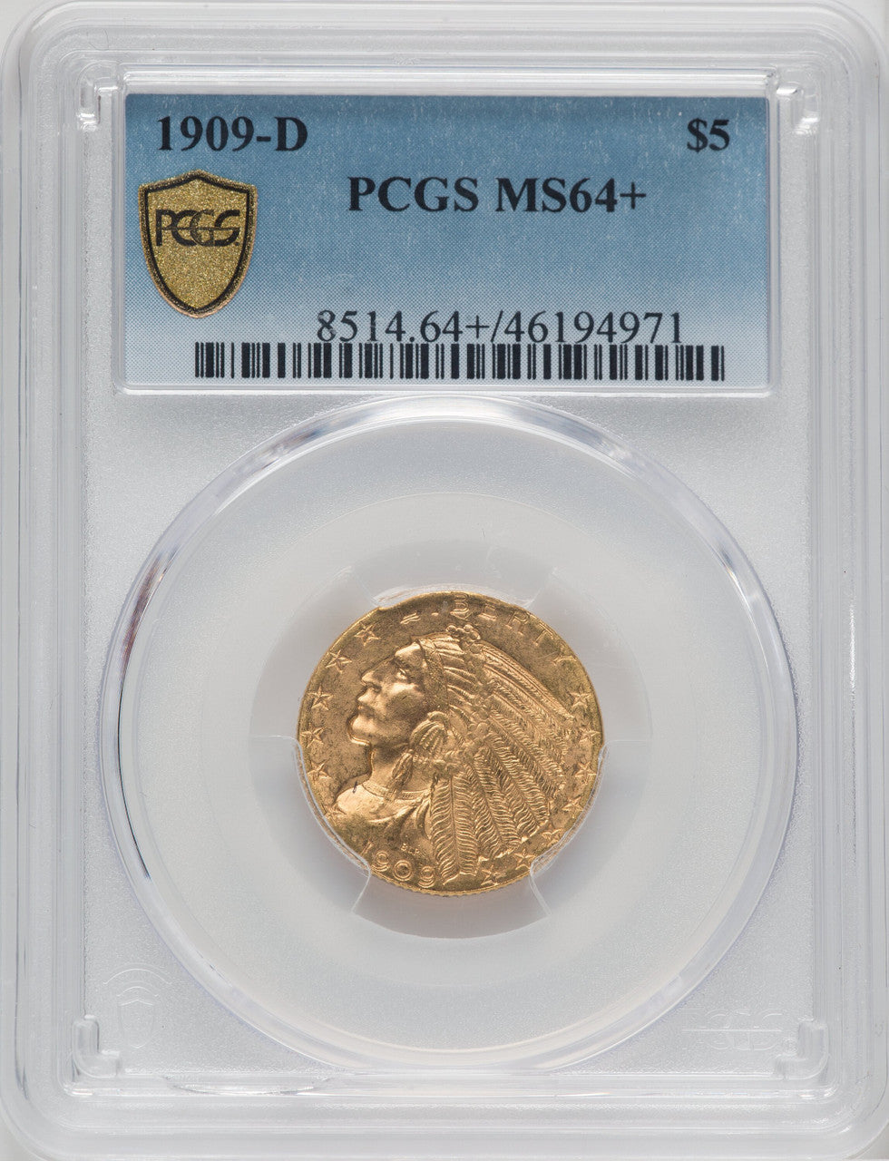 1909-D $5 Indian Half Eagle PCGS MS64+