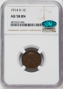 1914-D 1C BN CAC Lincoln Cent NGC AU58