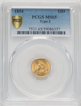 1854 G$1 Type Two Gold Dollar PCGS MS65