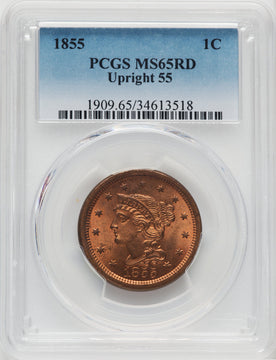 1855 Upright 5s RD Large Cent PCGS MS65