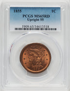 1855 Upright 5s RD Large Cent PCGS MS65