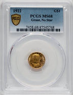 1922 G$1 Grant No Star Commemorative Gold PCGS MS68