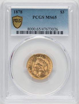 1878 $3 Three Dollar Gold Pieces PCGS MS65