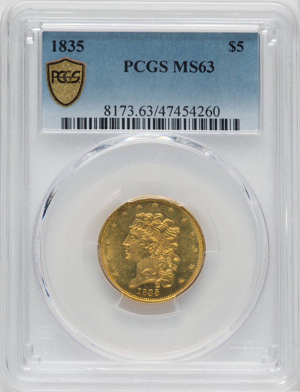 1835 $5 Classic Half Eagle PCGS MS63