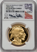 2016-W $50 One-Ounce Gold Buffalo 10th Anniversary Mike Castle Signature NGC PF70