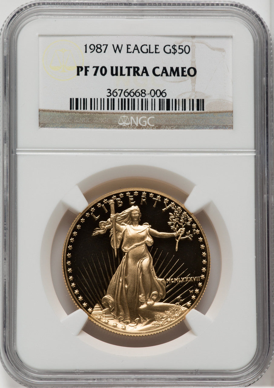 1987-W $50 One-Ounce Gold Eagle Brown Label NGC PF70