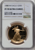 1988-W $50 One-Ounce Gold Eagle Brown Label NGC PF70
