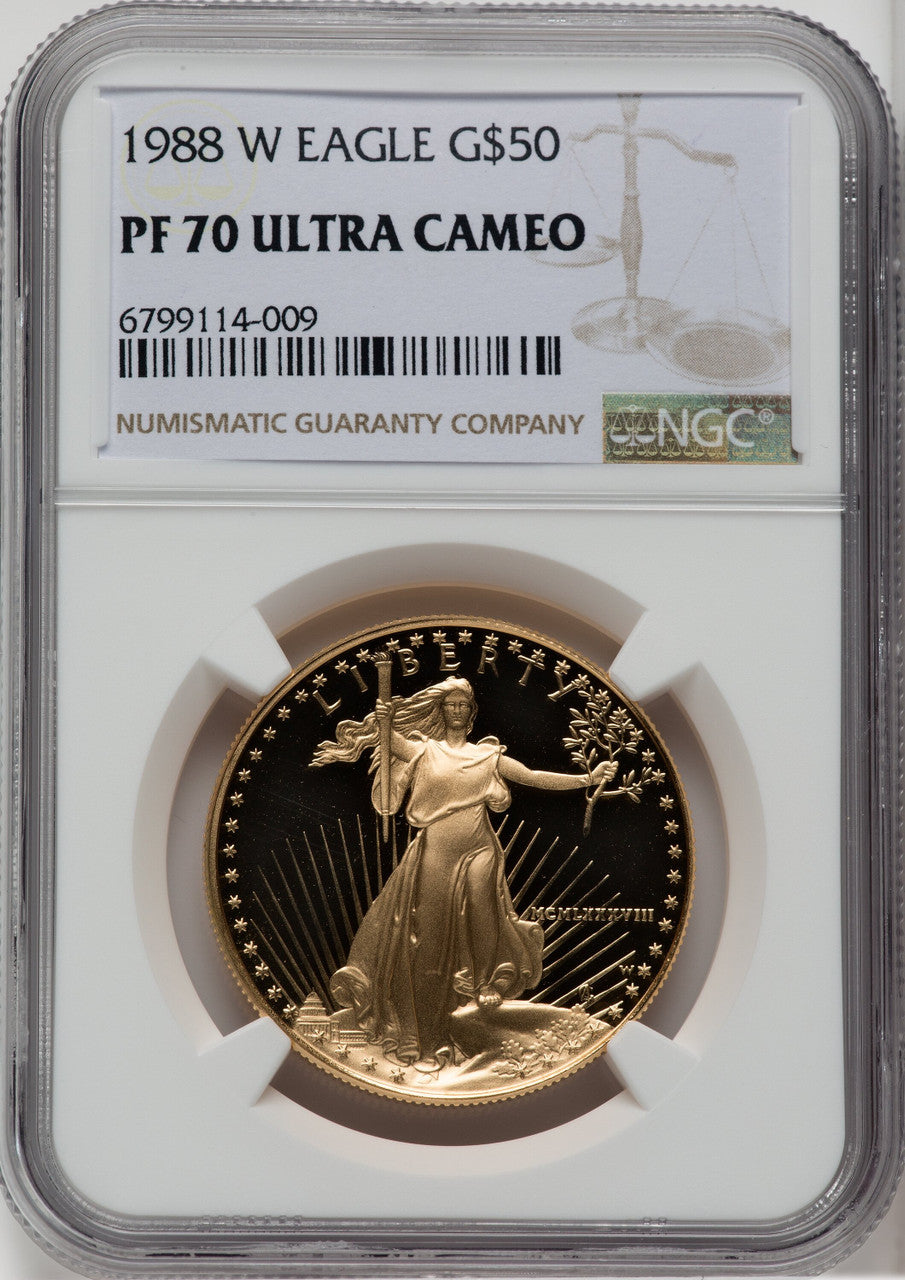 1988-W $50 One-Ounce Gold Eagle Brown Label NGC PF70