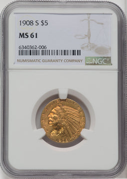 1908-S $5 Indian Half Eagle NGC MS61