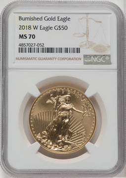 2018-W G$50 One Ounce Burnished Gold Eagle Brown Label NGC MS70