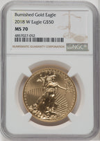 2018-W G$50 One Ounce Burnished Gold Eagle Brown Label NGC MS70