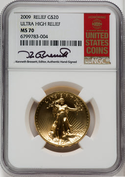 2009 $20 One-Ounce Gold Ultra High Relief Twenty Dollar Kenneth Bressett NGC MS70