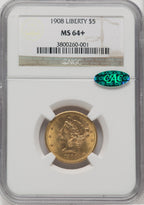 1908 $5 Liberty CAC Liberty Half Eagle NGC MS64+