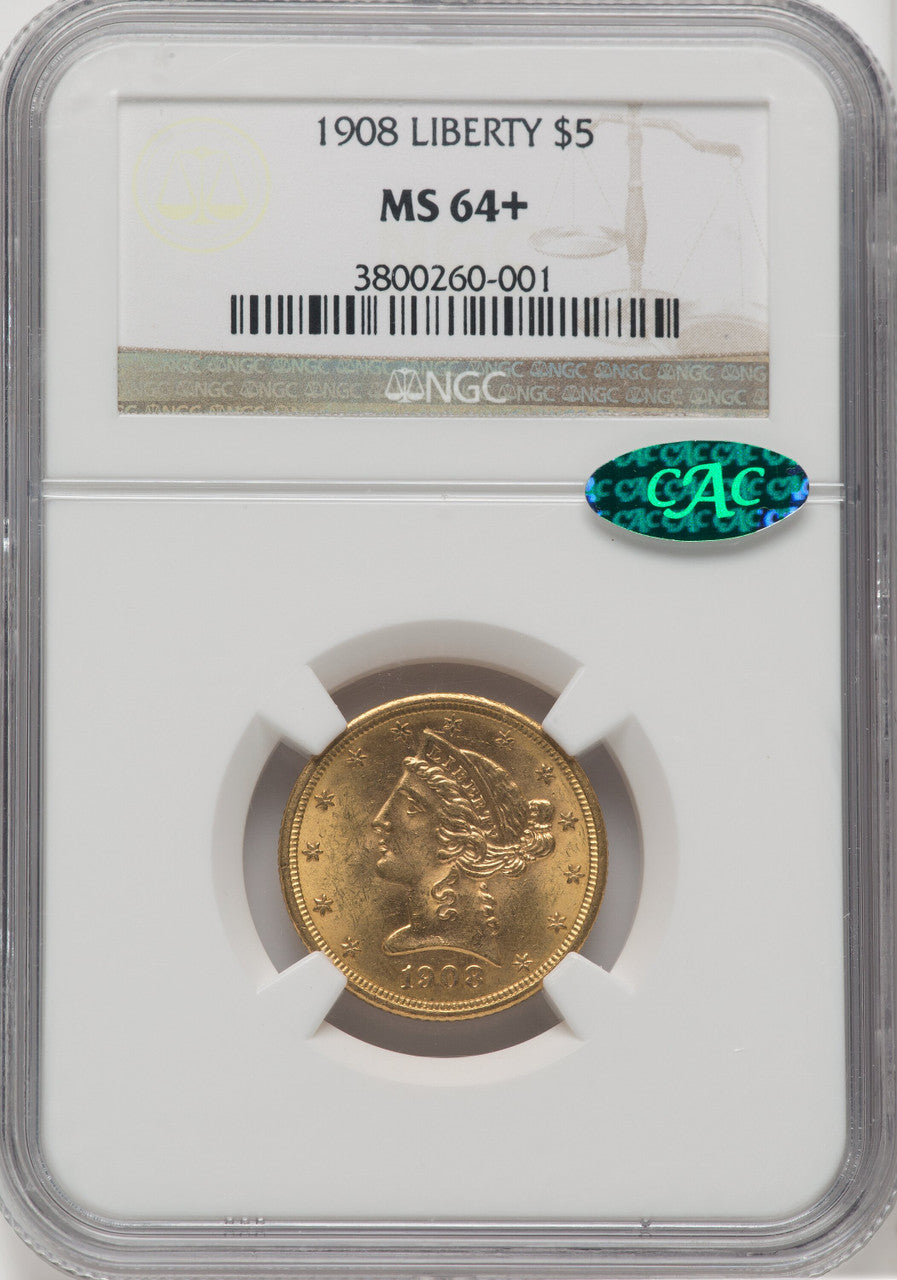 1908 $5 Liberty CAC Liberty Half Eagle NGC MS64+