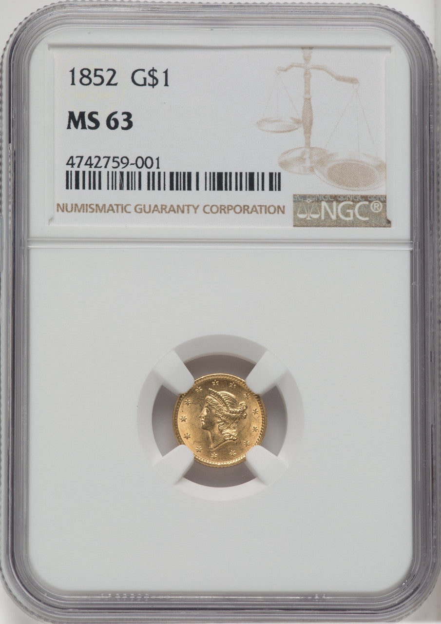 1852 G$1 Gold Dollar NGC MS63