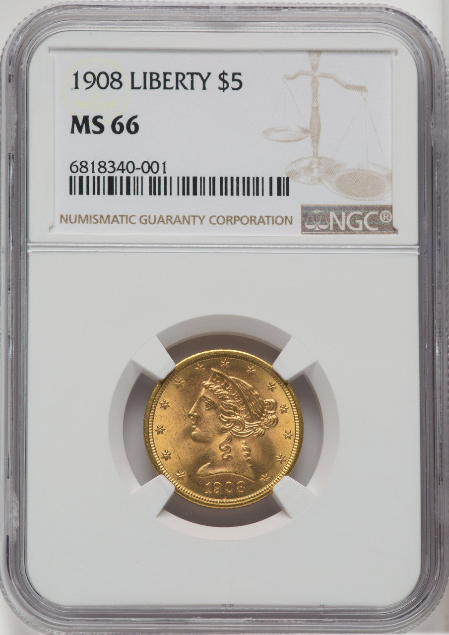 1908 $5 Liberty Liberty Half Eagle NGC MS66